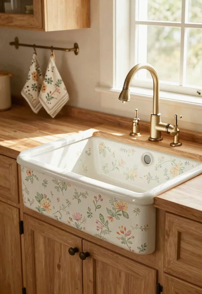 15 Vintage Farmhouse Sink Ideas That Fit Standard Cabinet Openings - 10. Farmhouse Sink with Vintage-Inspired Pattern 1