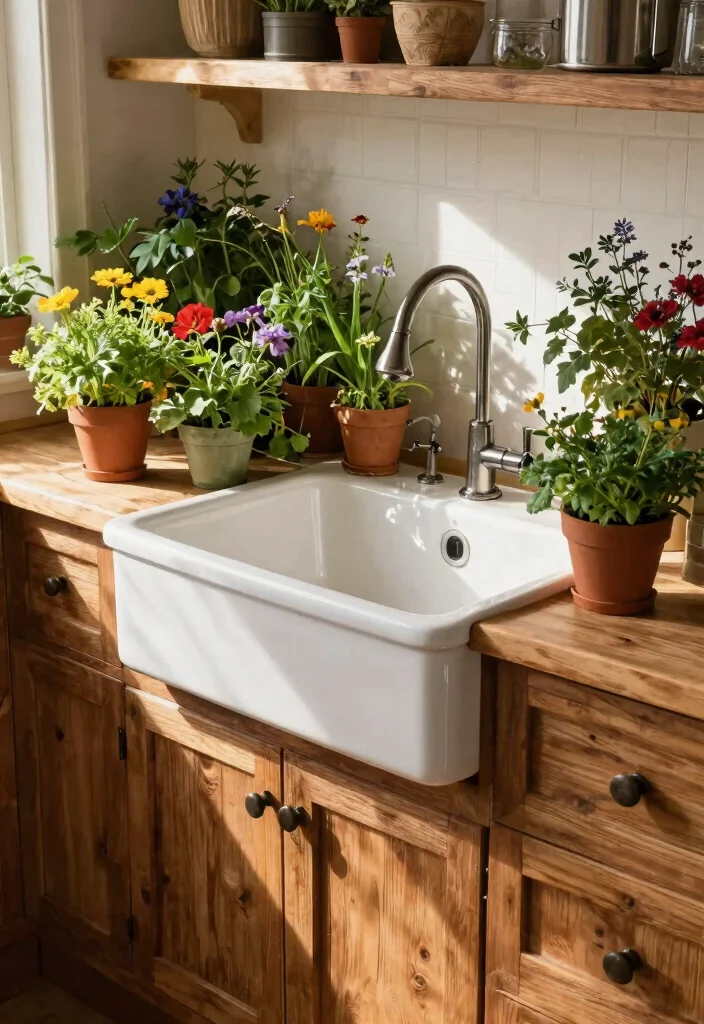 15 Vintage Farmhouse Sink Ideas That Fit Standard Cabinet Openings - 14. Farmhouse Sink with Surrounding Flower Boxes 1