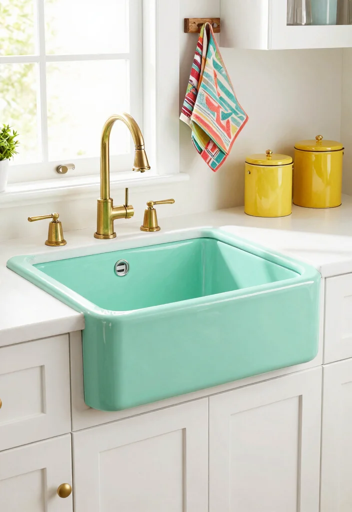 15 Vintage Farmhouse Sink Ideas That Fit Standard Cabinet Openings - 3. Retro-Style Farmhouse Sink with Colorful Accents 1