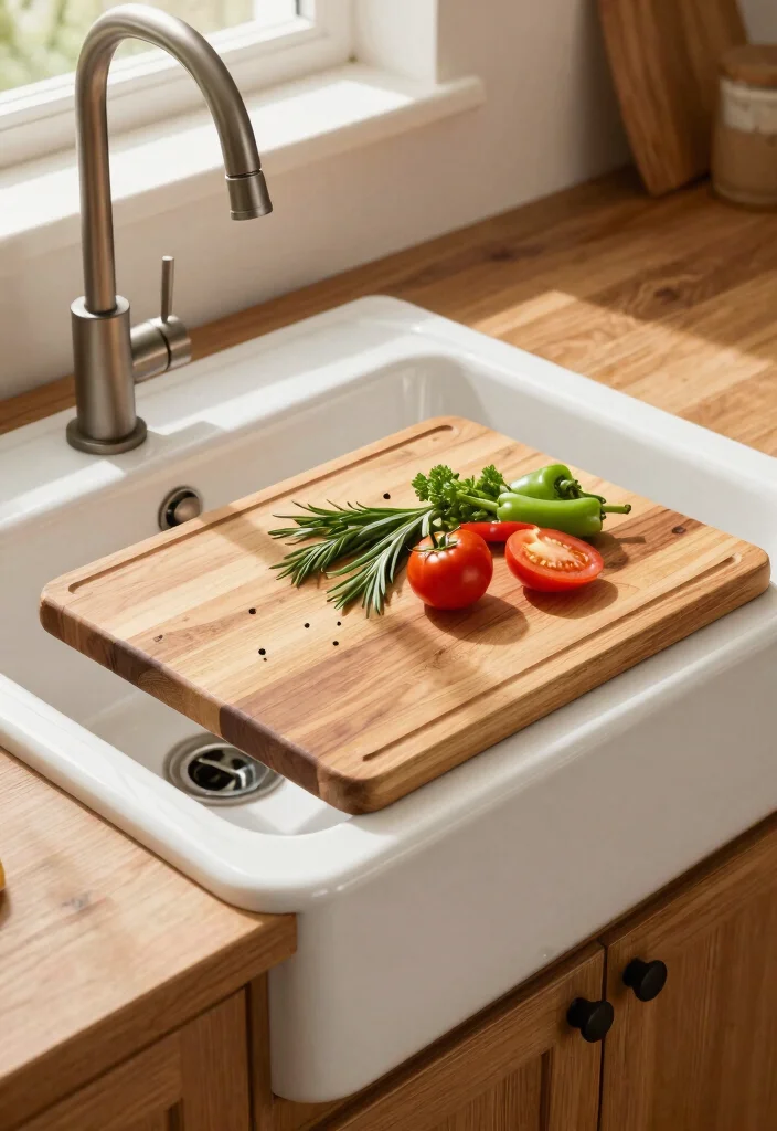 15 Vintage Farmhouse Sink Ideas That Fit Standard Cabinet Openings - 6. Farmhouse Sink with Built-In Cutting Board 1