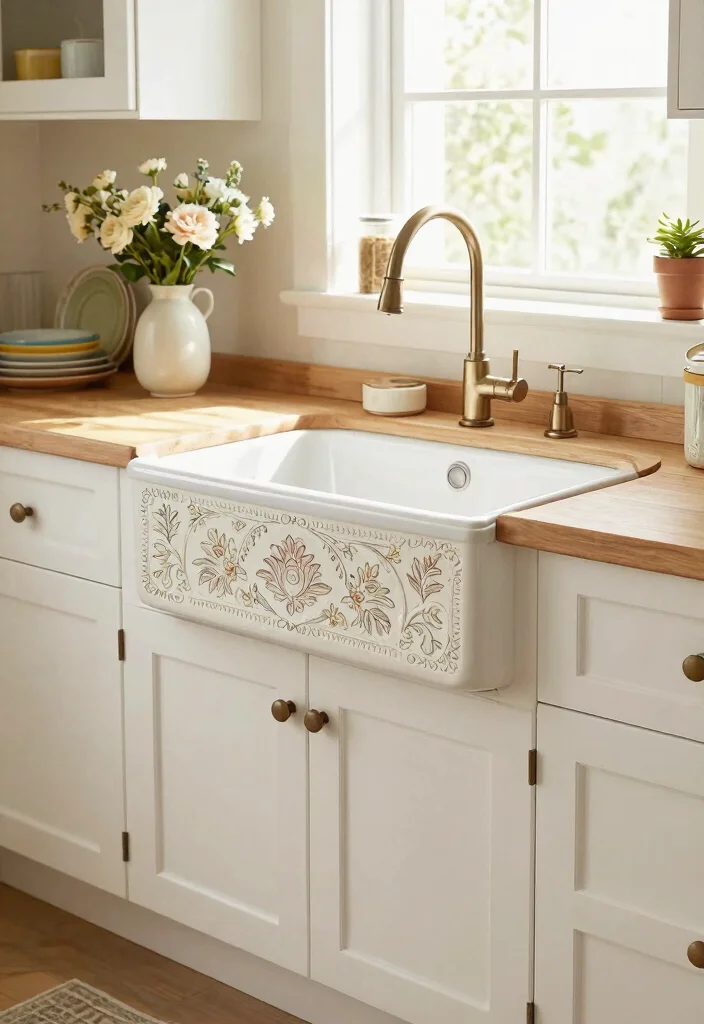 15 Vintage Farmhouse Sink Ideas That Fit Standard Cabinet Openings - 7. Vintage Farmhouse Sink with Decorative Apron 1