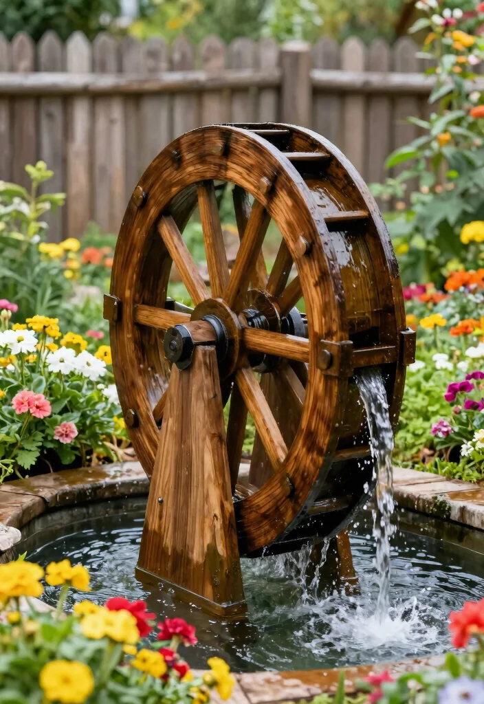 15 Water Fountain Ideas That Run Without Electricity or Plumbing - 13. Water Wheel Fountain 1