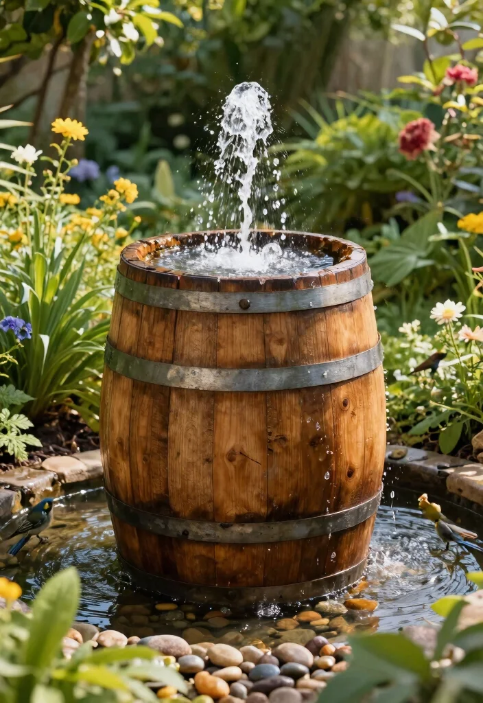 15 Water Fountain Ideas That Run Without Electricity or Plumbing - 5. Recycled Barrel Fountain 1