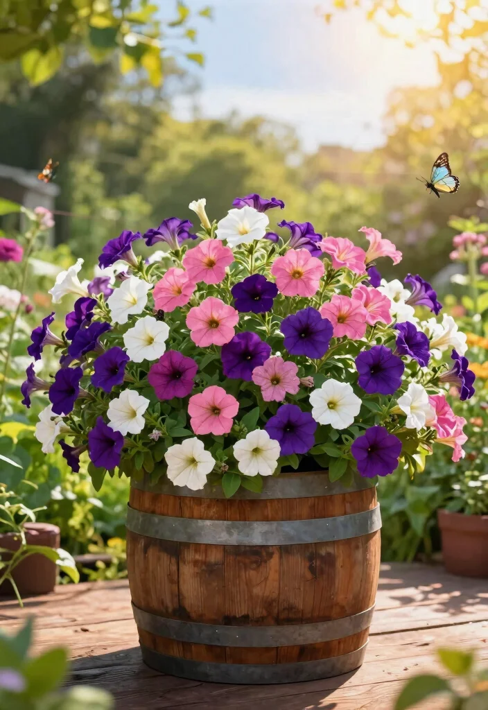 15 Whiskey Barrel Planter Flower Ideas That Bloom All Summer - 1. Color Explosion with Petunias 1