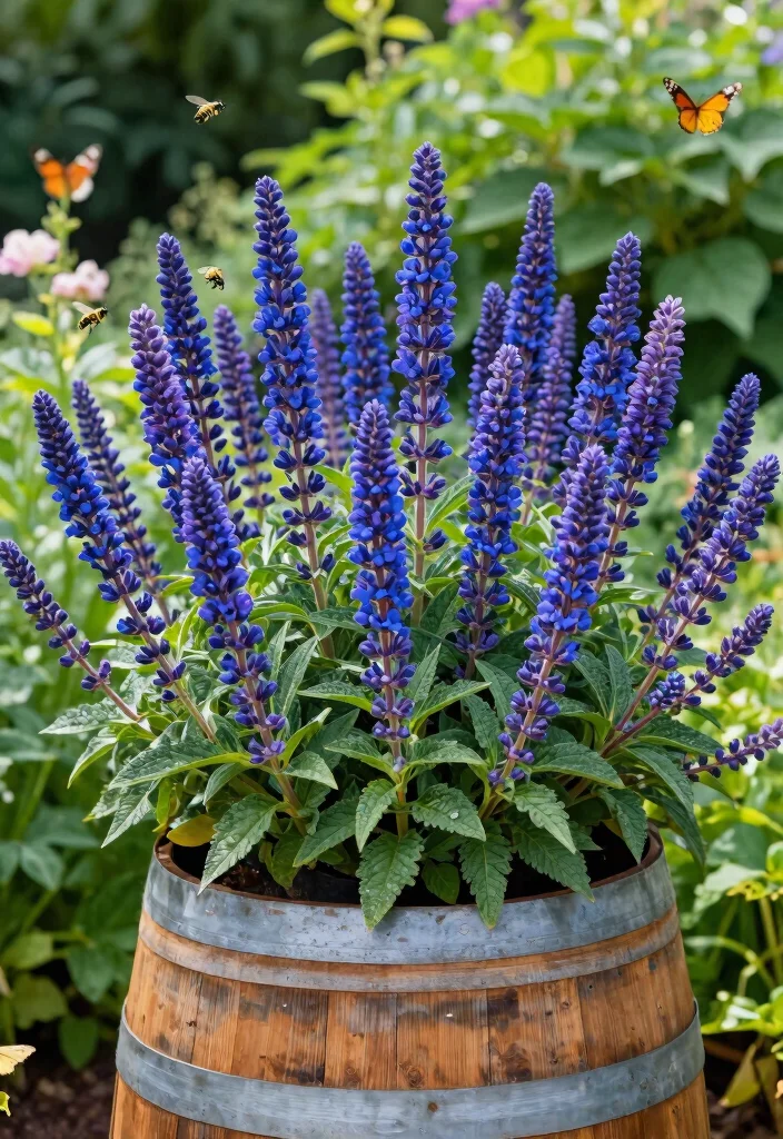 15 Whiskey Barrel Planter Flower Ideas That Bloom All Summer - 10. Vibrant Salvia for Colorful Elegance 1