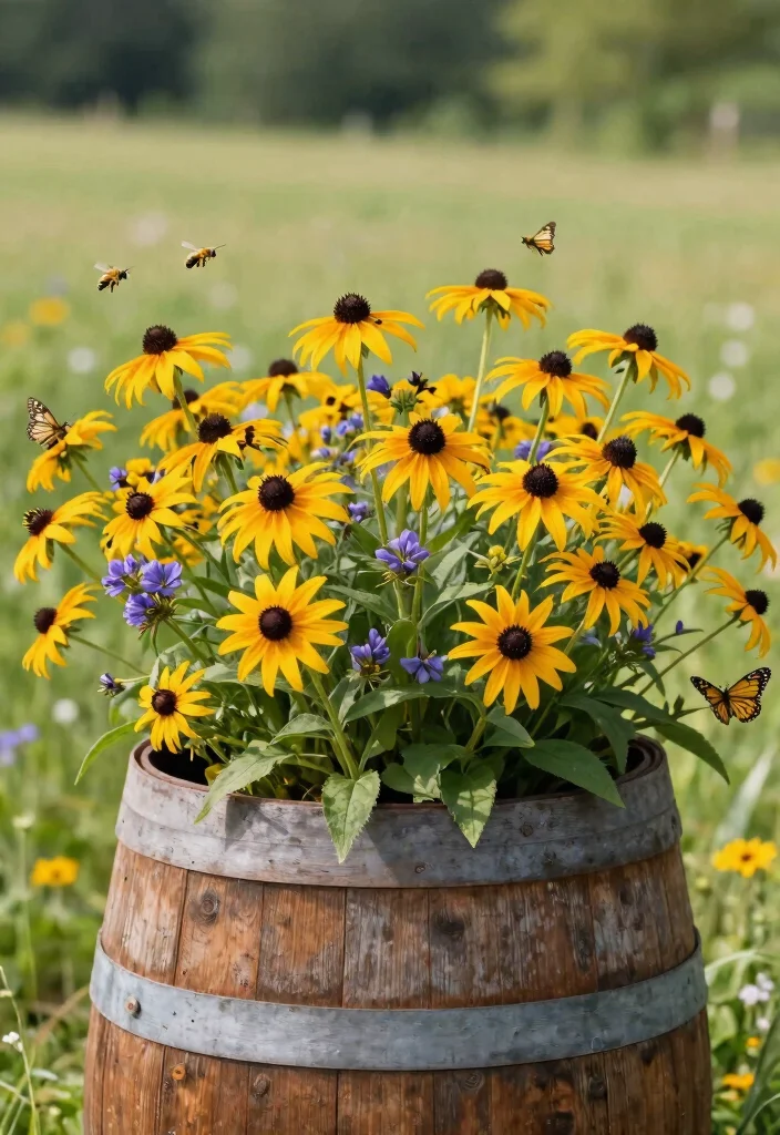 15 Whiskey Barrel Planter Flower Ideas That Bloom All Summer - 11. Charming Natives for Local Flair 1