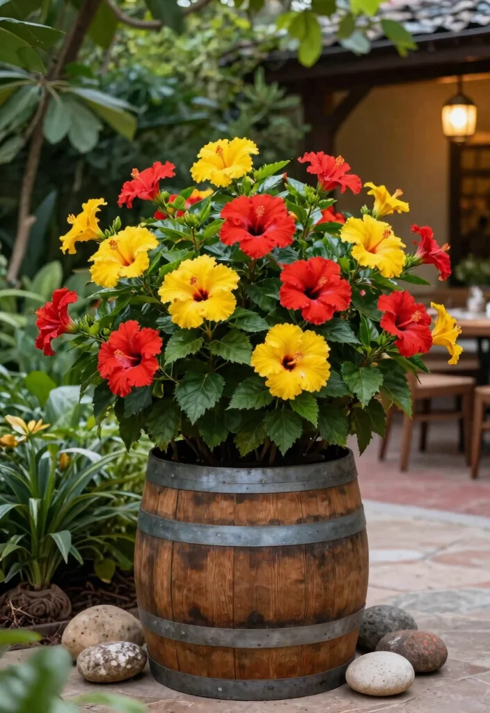 15 Whiskey Barrel Planter Flower Ideas That Bloom All Summer - 12. Tropical Hibiscus for Exotic Elegance 1
