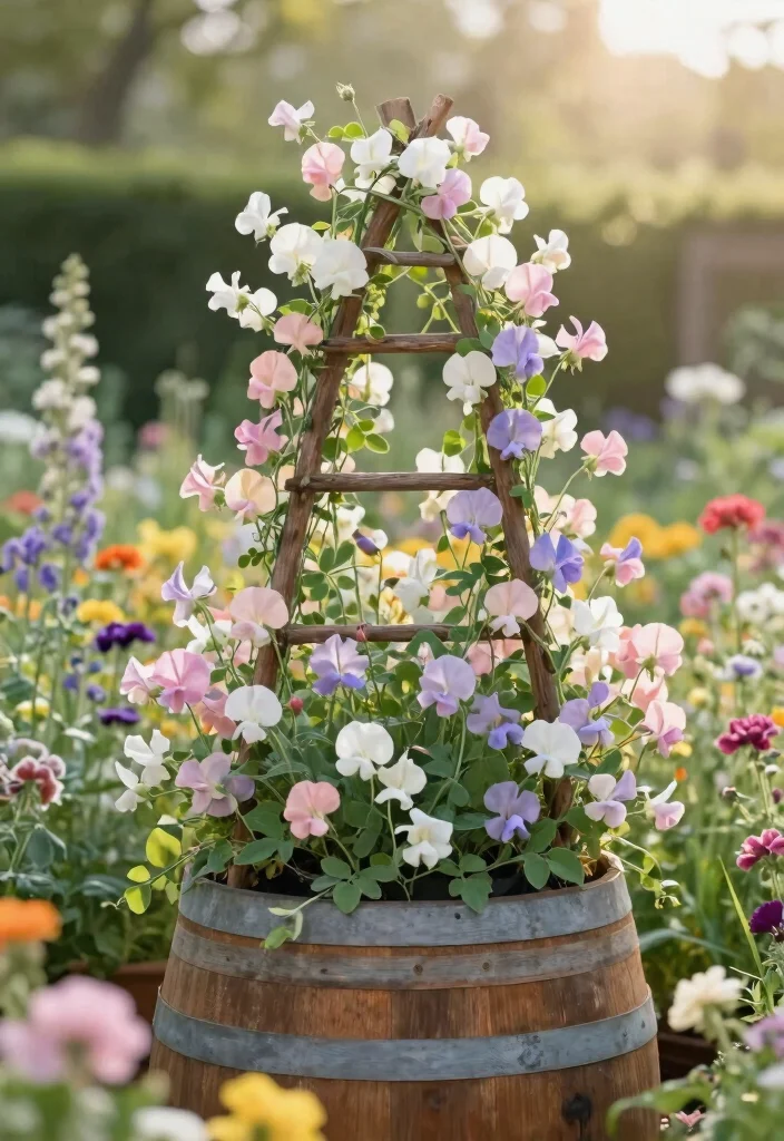 15 Whiskey Barrel Planter Flower Ideas That Bloom All Summer - 13. Whimsical Sweet Peas for a Romantic Feel 1