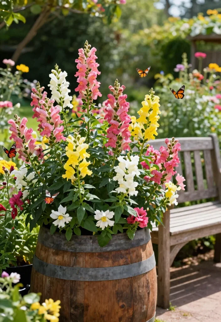 15 Whiskey Barrel Planter Flower Ideas That Bloom All Summer - 14. Fun and Colorful Snapdragon Display 1