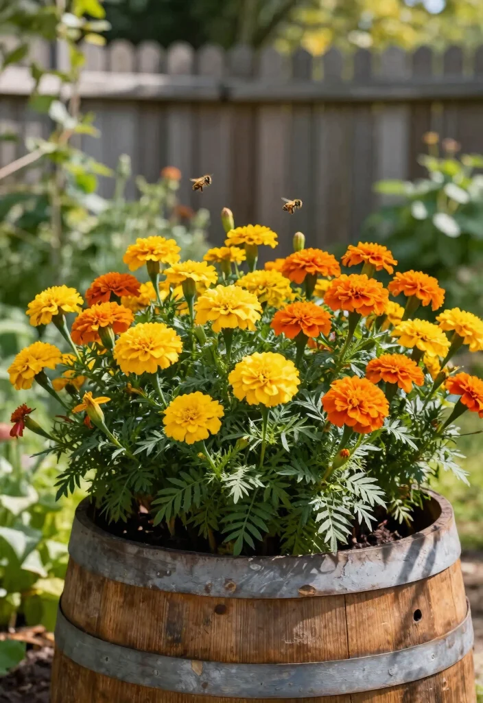 15 Whiskey Barrel Planter Flower Ideas That Bloom All Summer - 2. Classic Marigolds for a Rustic Touch 1