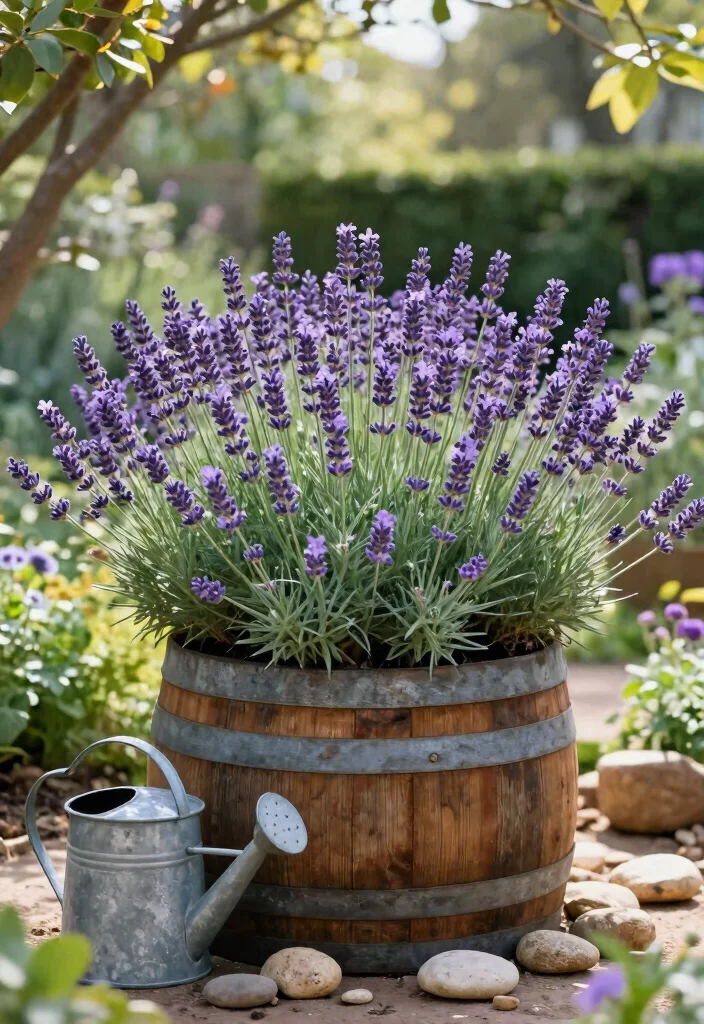 15 Whiskey Barrel Planter Flower Ideas That Bloom All Summer - 3. Elegant Lavender for Fragrance and Beauty 1
