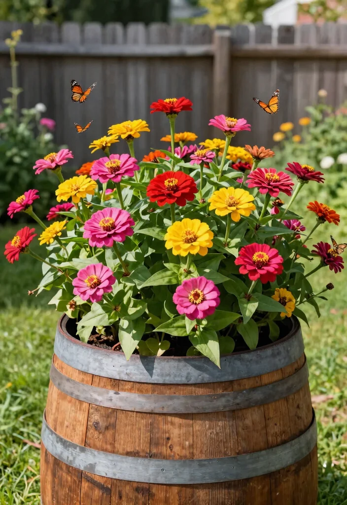 15 Whiskey Barrel Planter Flower Ideas That Bloom All Summer - 4. Bright and Cheerful Zinnias 1