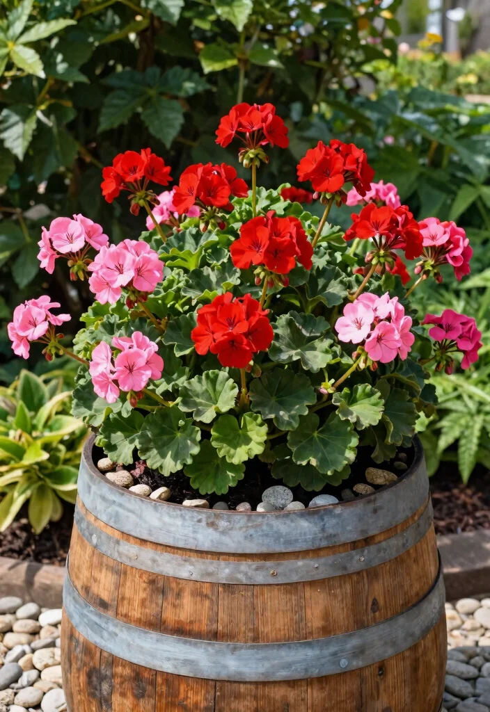15 Whiskey Barrel Planter Flower Ideas That Bloom All Summer - 5. Charming Geraniums for a Pop of Color 1