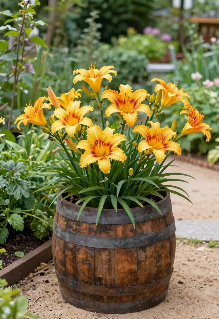15 Whiskey Barrel Planter Flower Ideas That Bloom All Summer - 7. Sunny Daylilies for Texture and Color 1