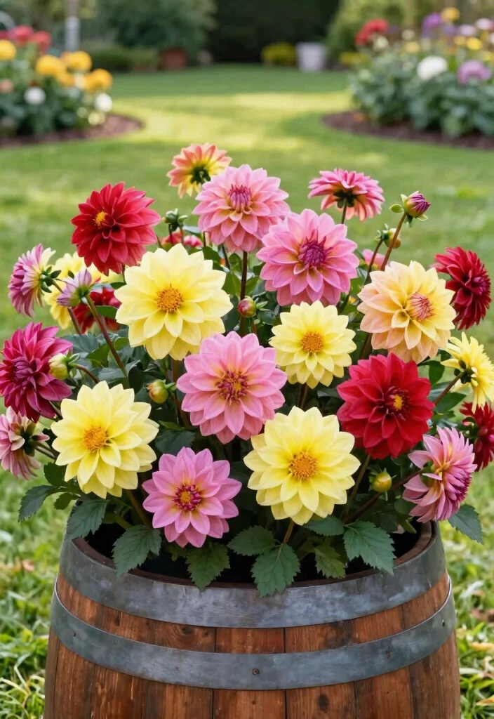 15 Whiskey Barrel Planter Flower Ideas That Bloom All Summer - 8. Dazzling Dahlia Display 1