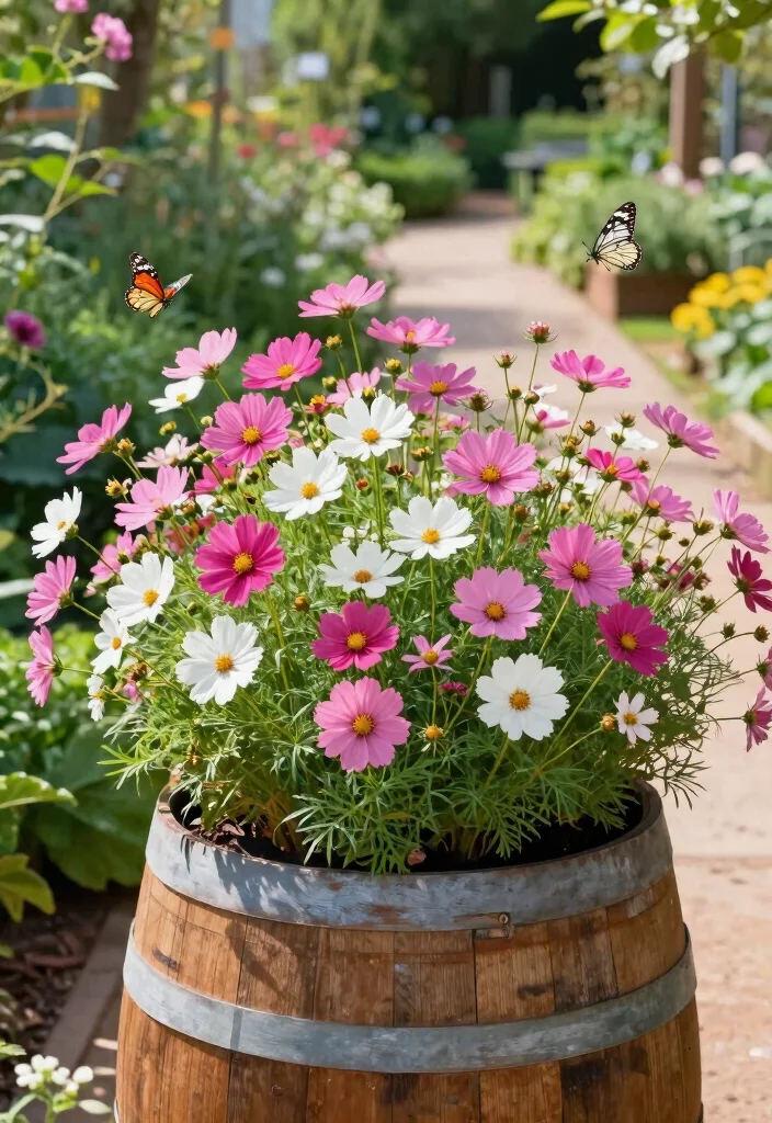 15 Whiskey Barrel Planter Flower Ideas That Bloom All Summer - 9. Cheery Cosmos for Brightness 1
