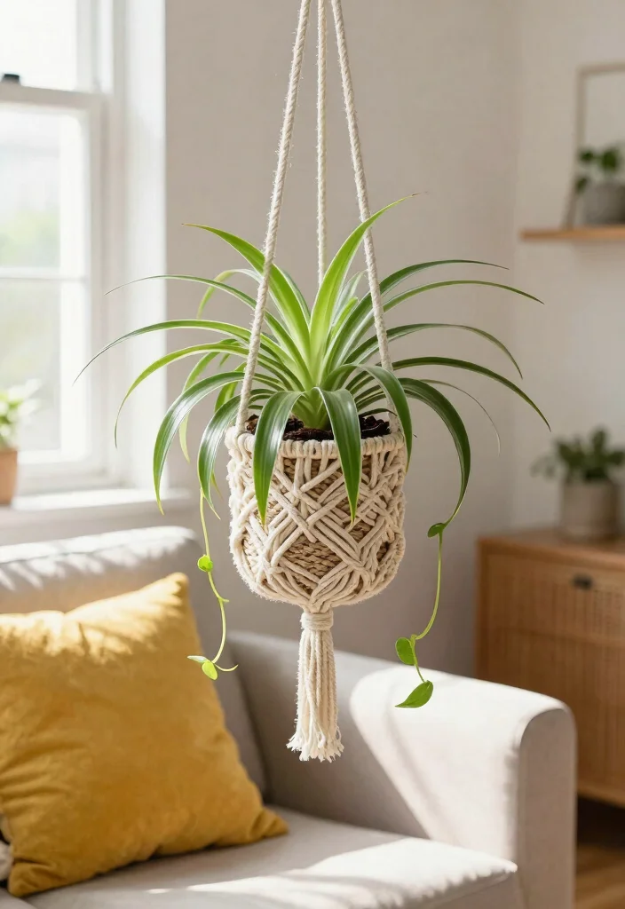 18 Indoor Planter Ideas That Thrive in Low Light Spaces - 6. Spider Plant in a Macramé Hanger 1