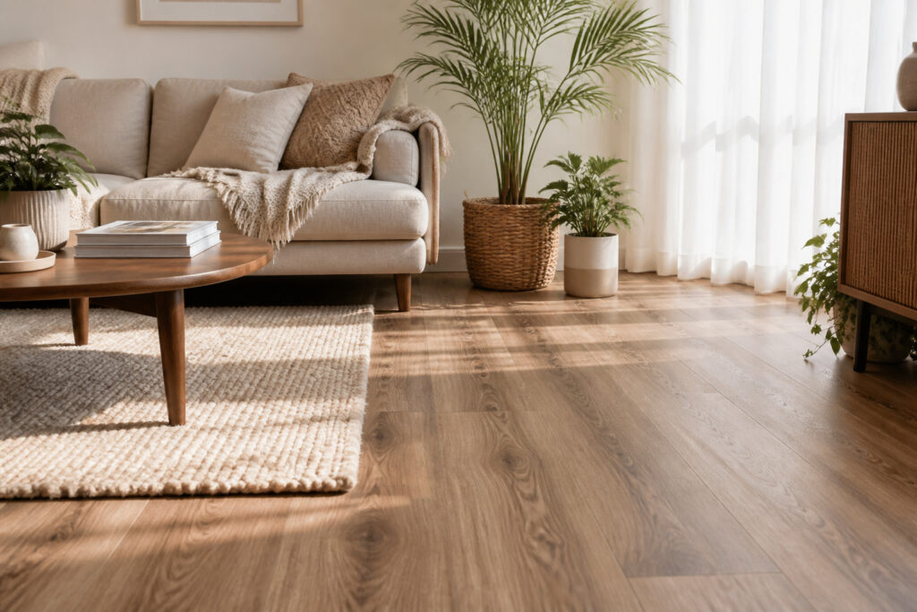 Cozy living room with stylish luxury vinyl plank flooring in sunlight