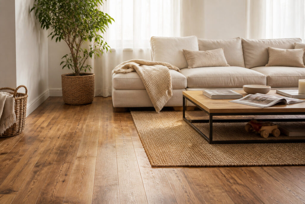 Cozy living room with warm-toned engineered hardwood flooring