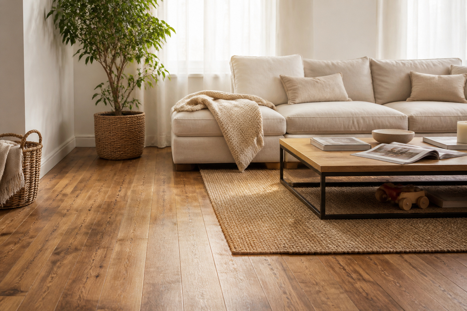 Cozy living room with warm-toned engineered hardwood flooring