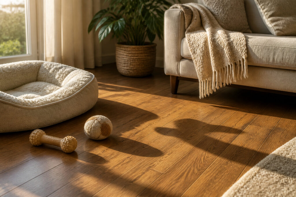 Cozy living room with a fluffy dog bed and warm afternoon light