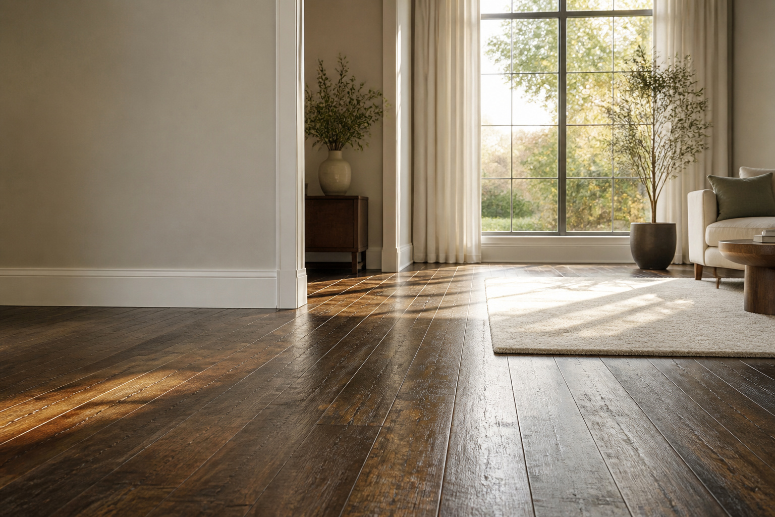 A bright room showcasing various paint colors against dark wood floors.
