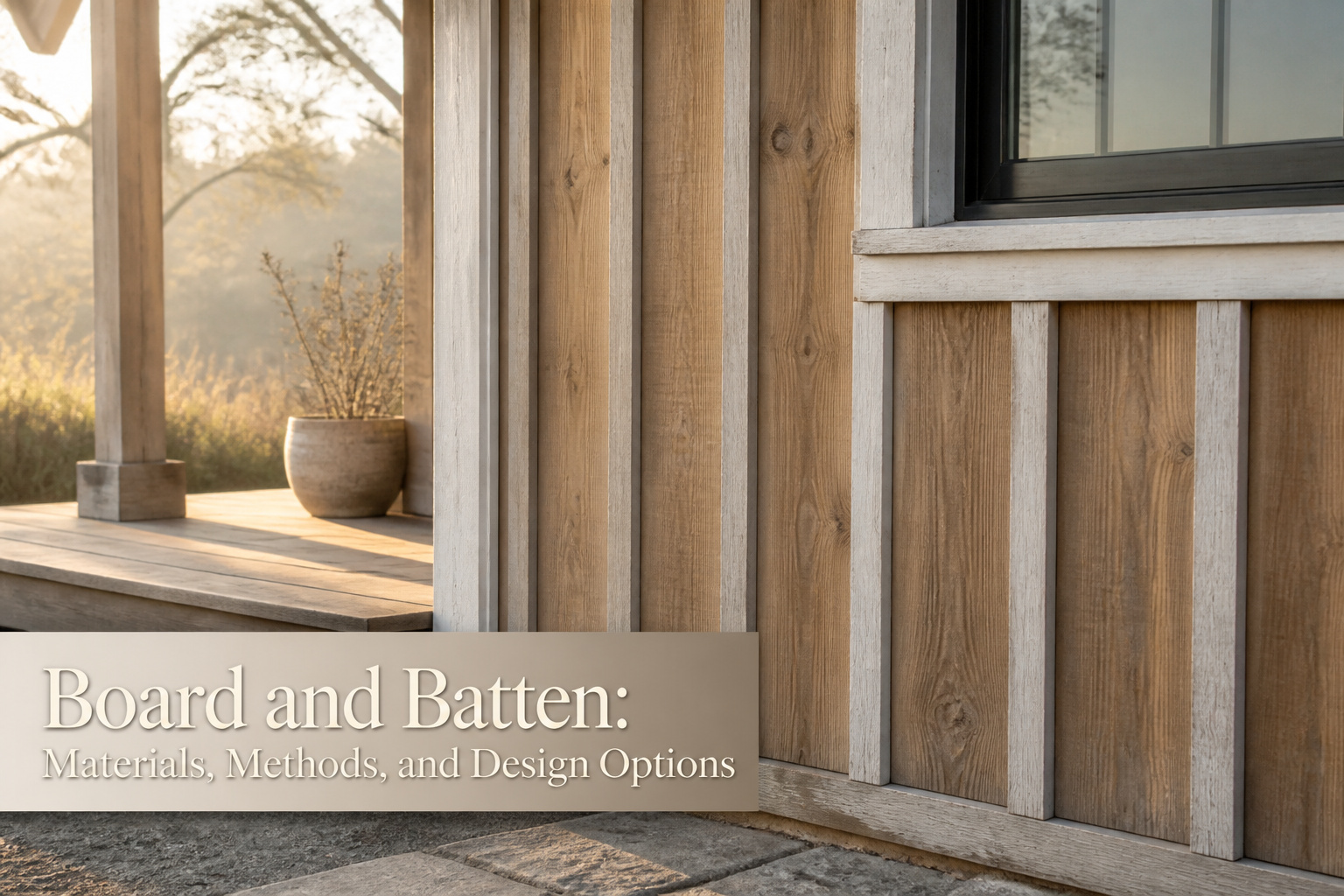 Example of board and batten siding with visible wide boards and narrow battens.