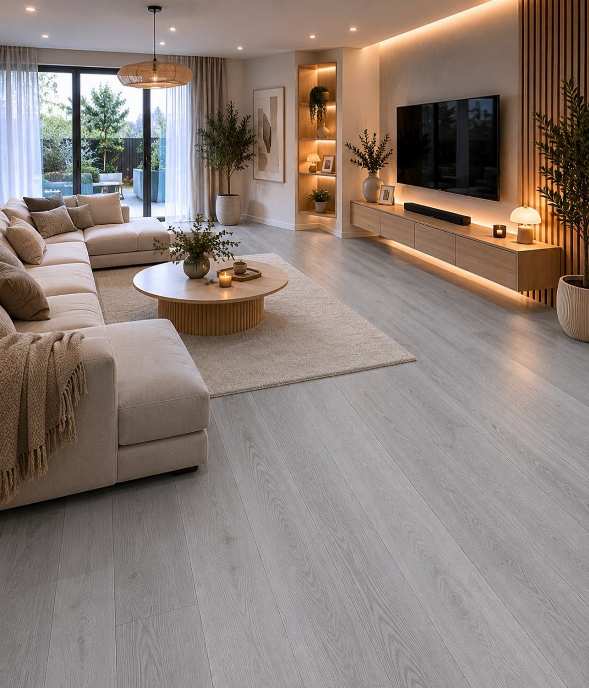 Light gray wood plank flooring in a modern, brightly lit living room setting.