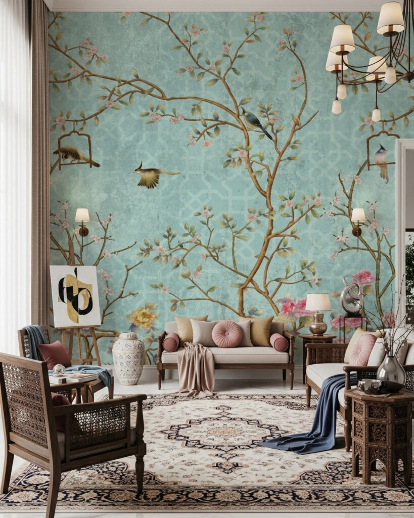 Living room with a large teal wall mural depicting flowering branches and birds.