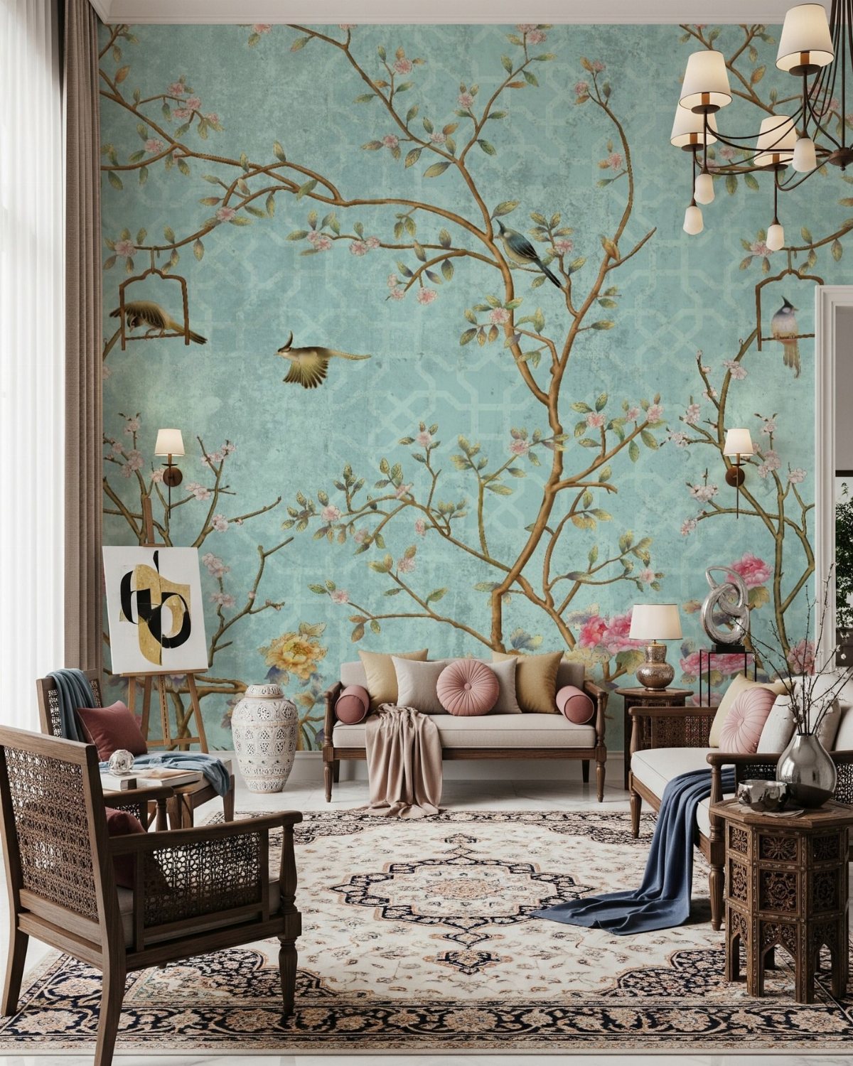 Living room with a large teal wall mural depicting flowering branches and birds.