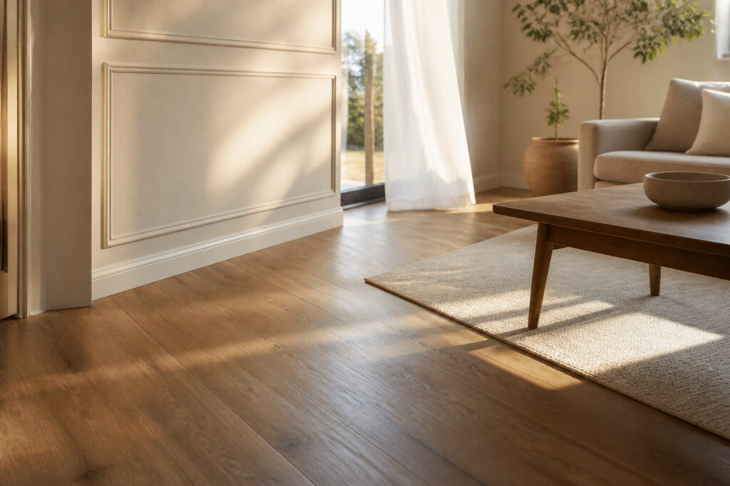 Polished vinyl floor with soft lighting and a few pieces of furniture.