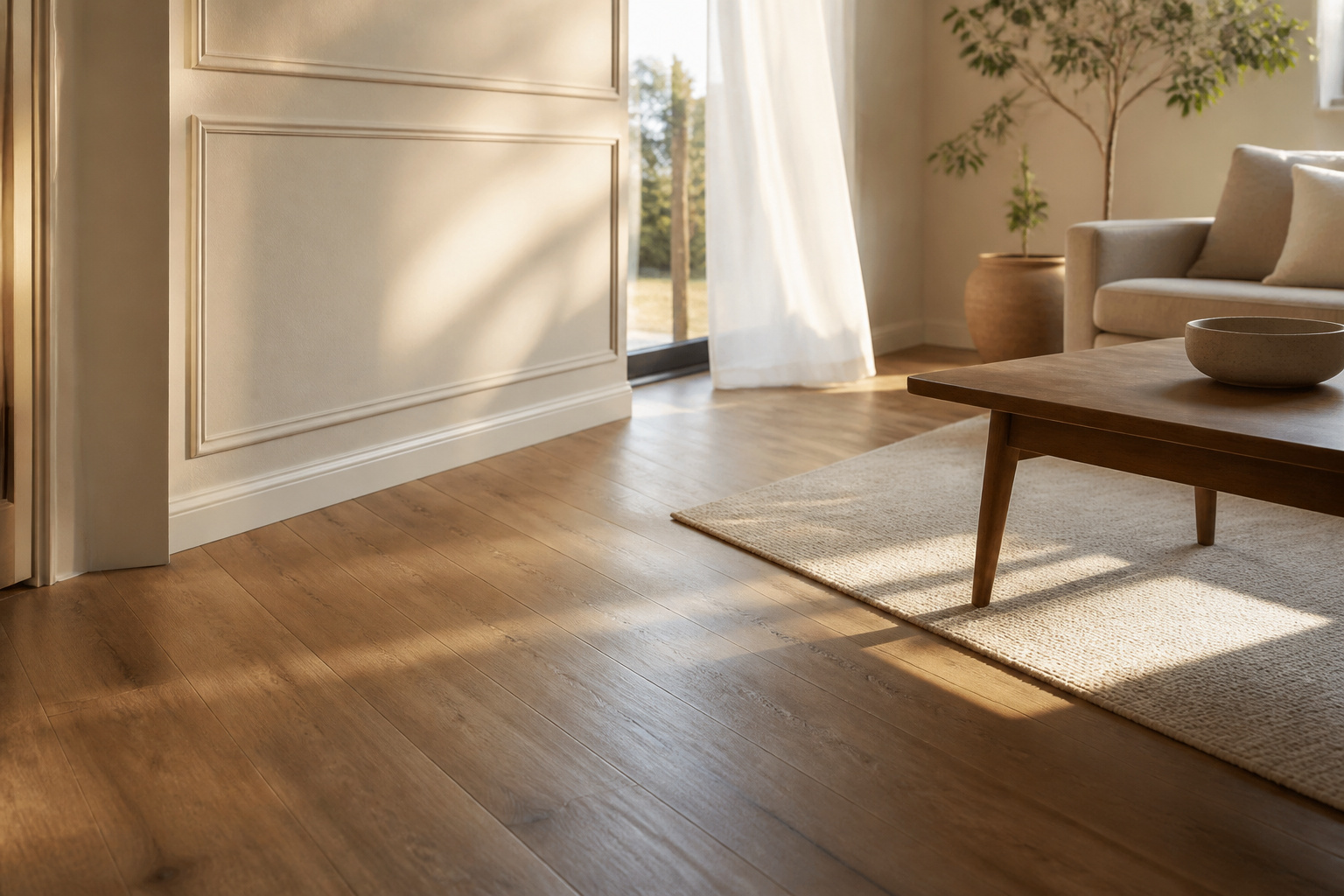 Polished vinyl floor with soft lighting and a few pieces of furniture.