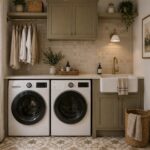 Patterned star-shaped tiles cover the floor of a modern laundry room with green cabinets.