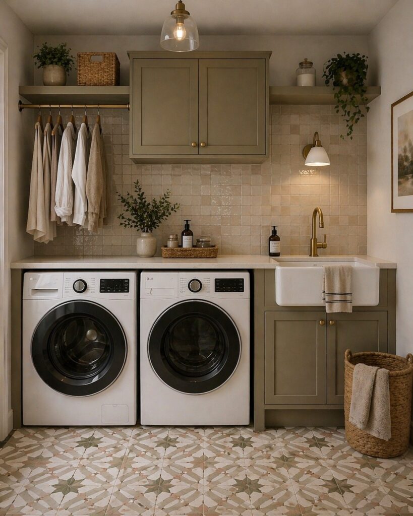 Patterned star-shaped tiles cover the floor of a modern laundry room with green cabinets.