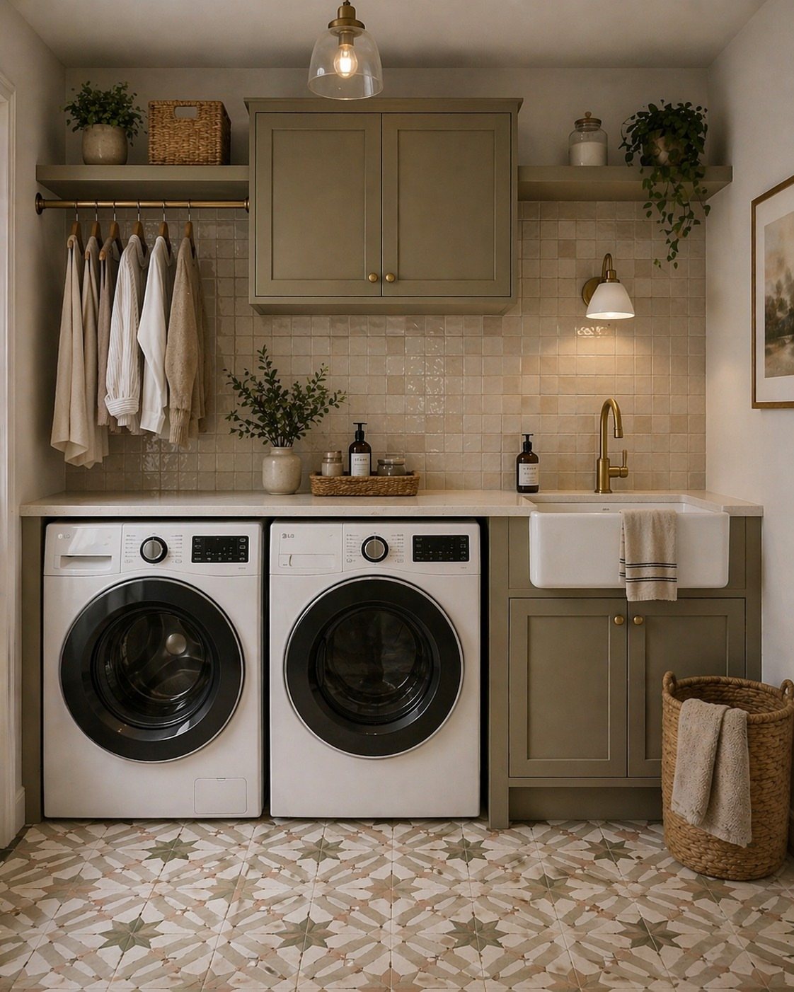 Patterned star-shaped tiles cover the floor of a modern laundry room with green cabinets.