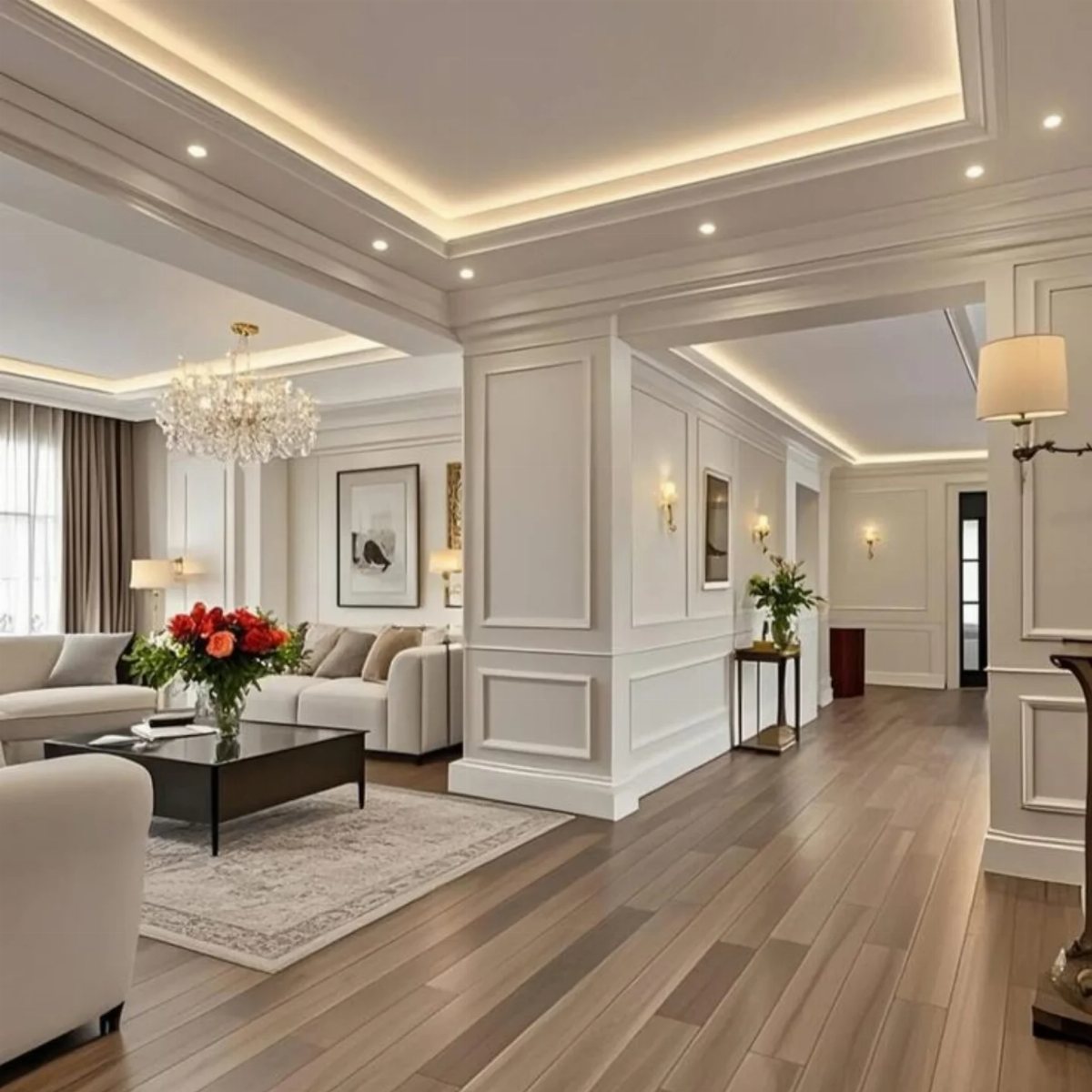 White paneled walls and recessed ceiling molding in a bright, modern living room setting.