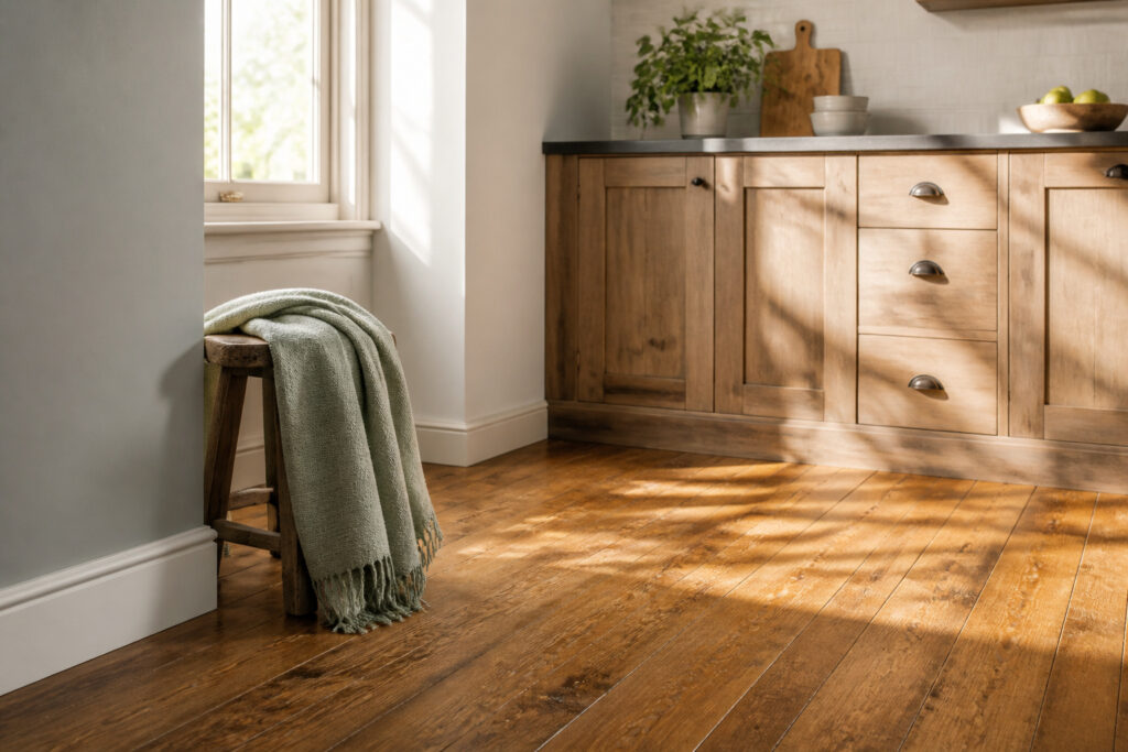 A room with light wood flooring and soft white walls illuminated by sunlight.