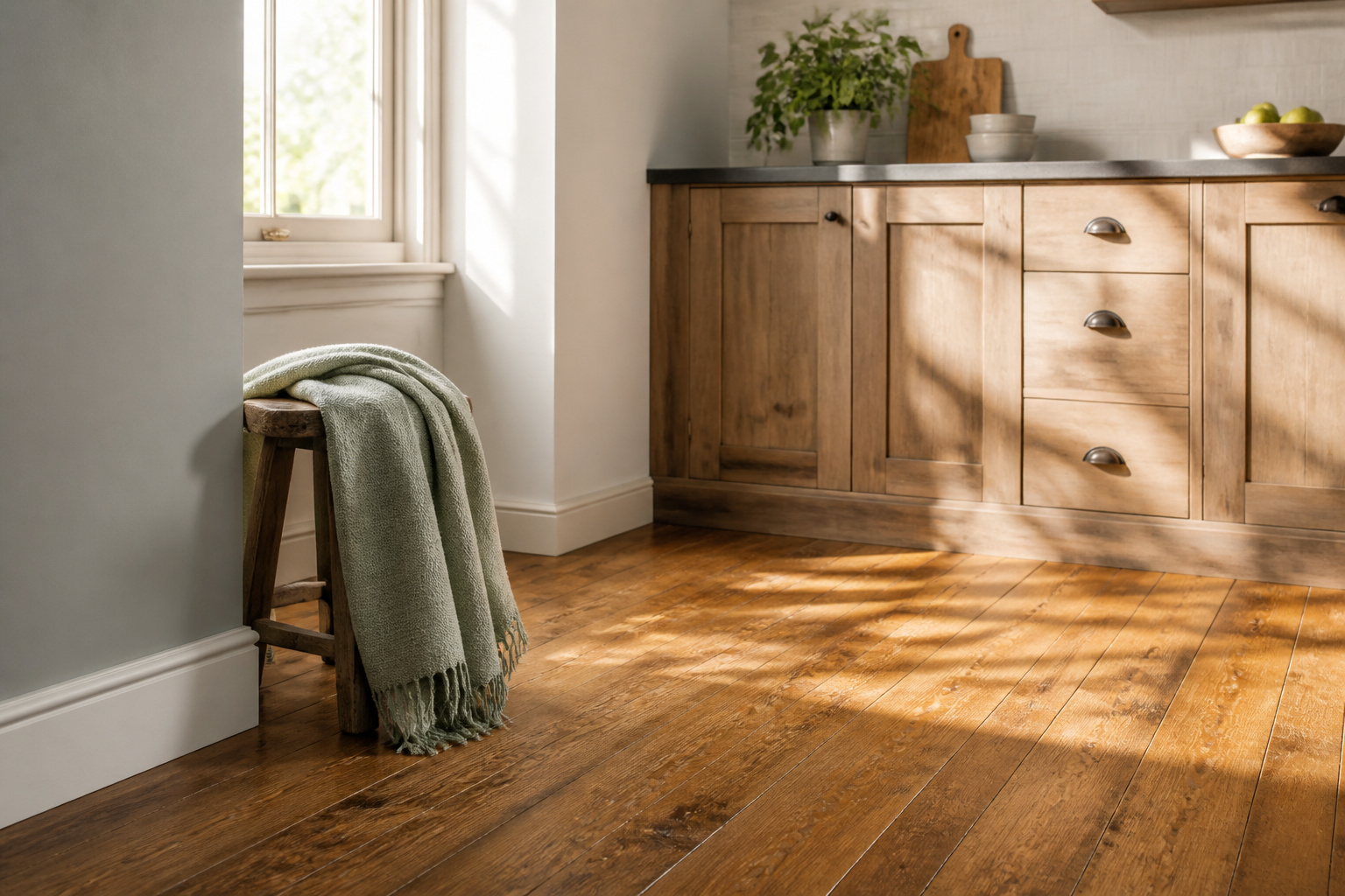 A room with light wood flooring and soft white walls illuminated by sunlight.
