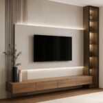A large flat-screen TV mounted on a backlit wall panel above a floating wooden media console.