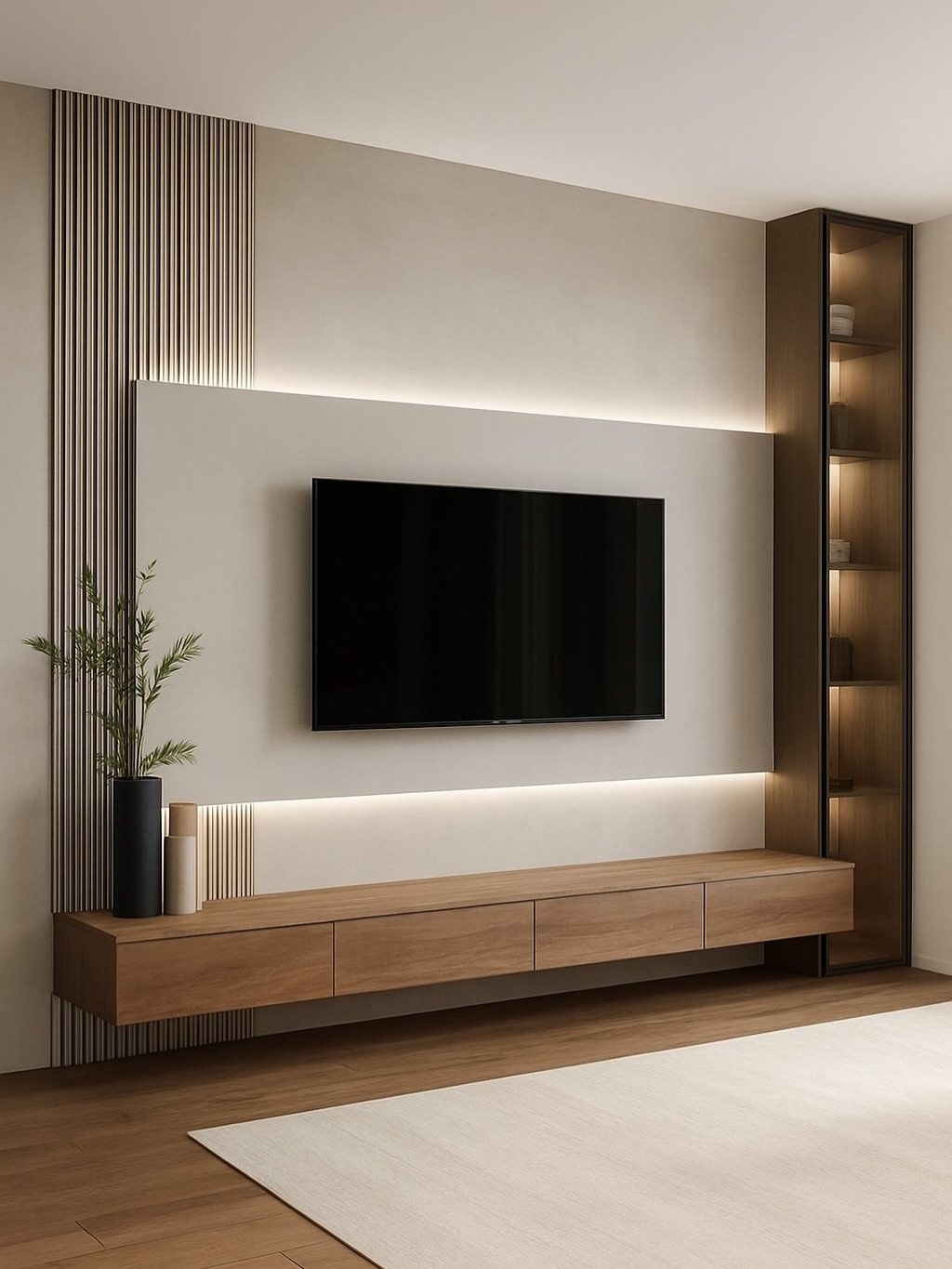A large flat-screen TV mounted on a backlit wall panel above a floating wooden media console.