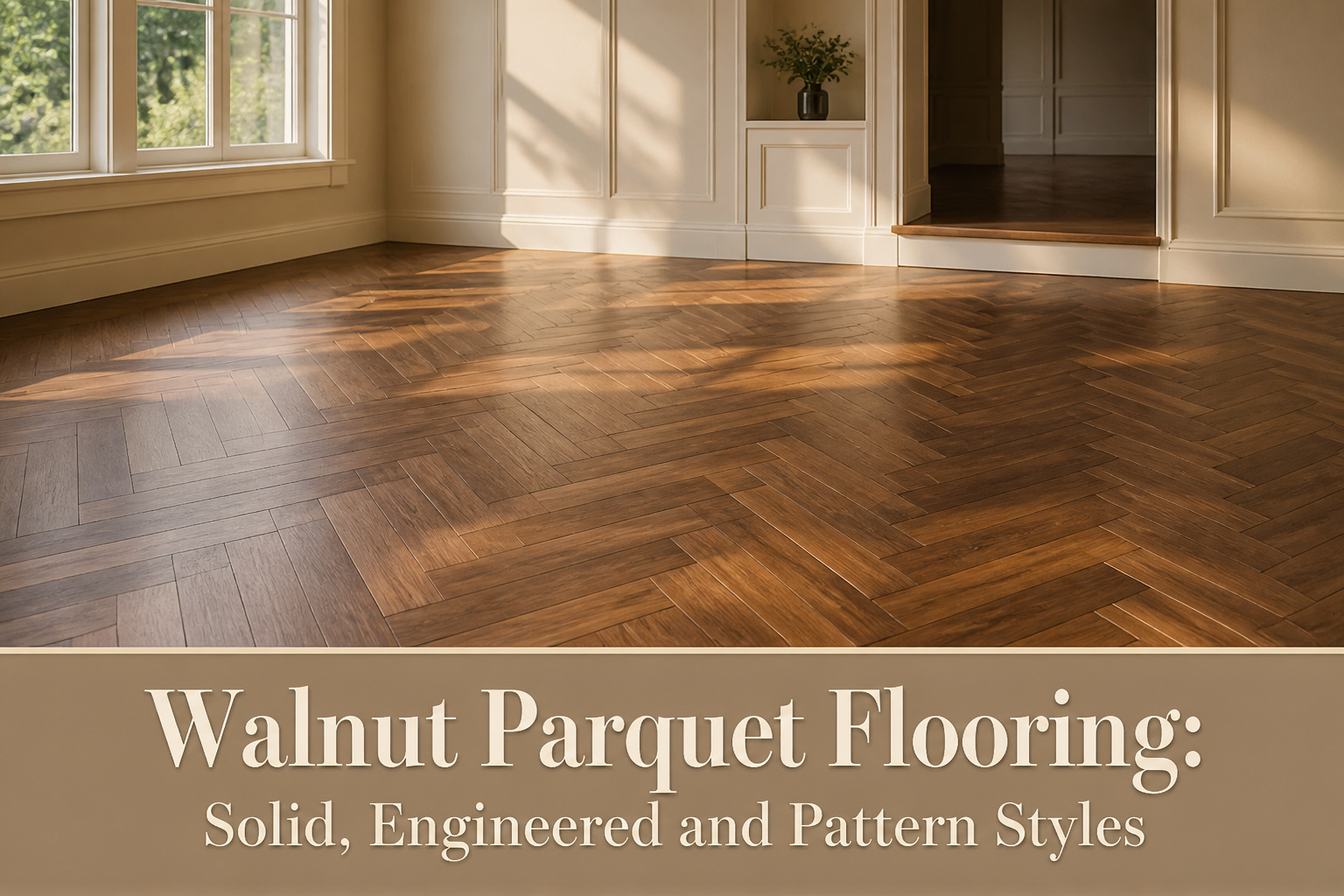 Elegant walnut parquet flooring in a well-lit interior setting.